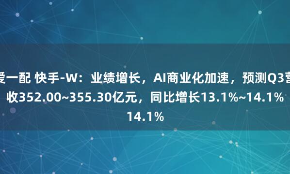 爱一配 快手-W：业绩增长，AI商业化加速，预测Q3营收352.00~355.30亿元，同比增长13.1%~14.1%